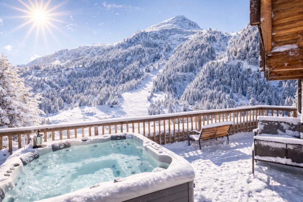 Jacuzzi en terrasse sous la neige, chalet de luxe à Tignes